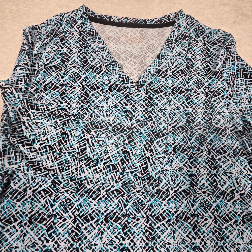 Investments V-Neck Top Womens XL Teal Black ‎ Abstract 3/4 Sleeve Tunic